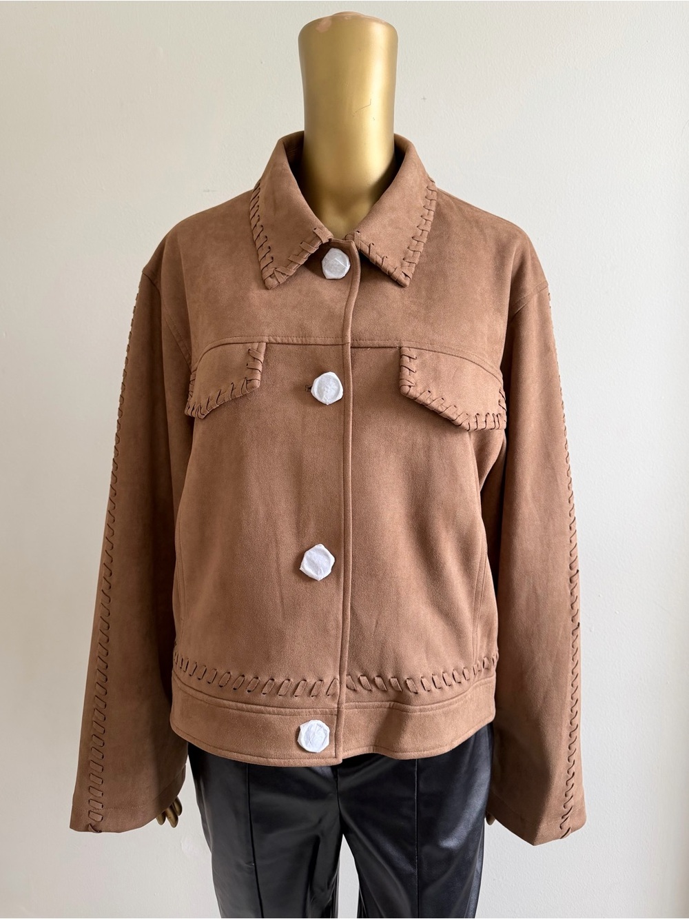 Rebecca Minkoff Suede-Style Stitch-Trim Jacket in Brown-XL
